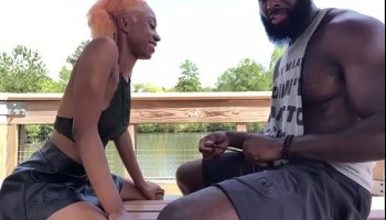 Cute ebony blows hung black muscle stud in the park